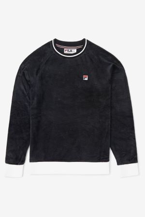 FILA Cosmo Velour Crew Sweatshirts Black / White,Mens Clothing | CA.ZVASCH781